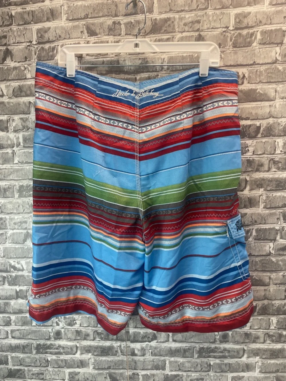 Billabong Men’s Blue,‎ Red & Green Striped Board Shorts